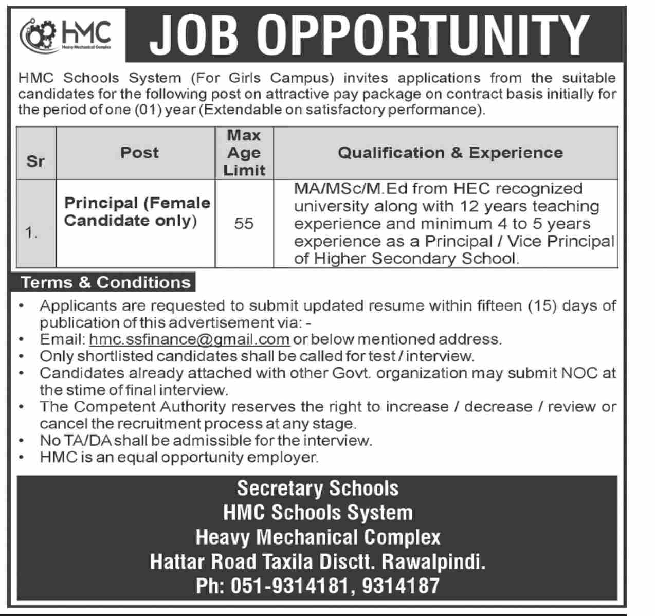Jobs in HMC School System Rawalpindi